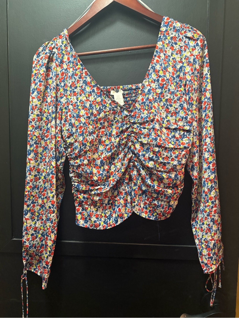 H&M Floral Ruched V-Neck Blouse - Red, Blue & Cream